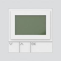 A white wall-mounted thermostat with a small screen and three buttons underneath: 'Down', 'Up', and 'OK'.
