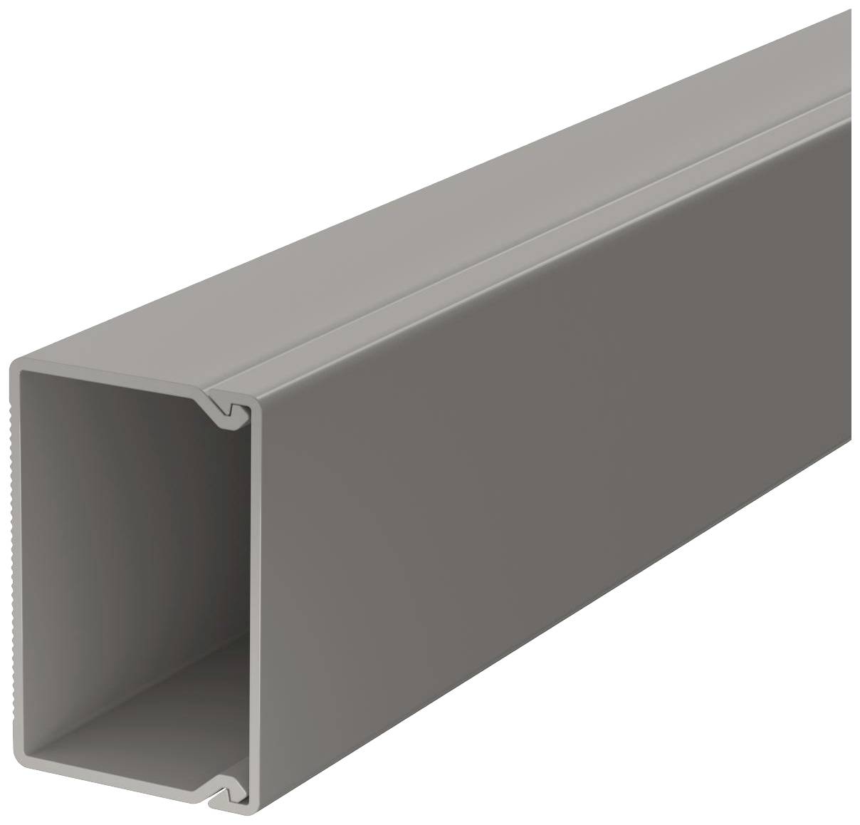 Rectangular grey aluminium trunking with an open end. Used for cable installation to protect and organise cables.