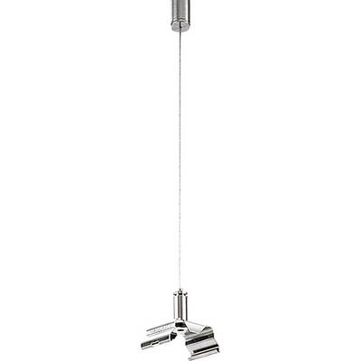 Silver, modern pendant light with three tubular lights suspended from a wire cable.