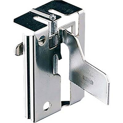 A metal mounting bracket for furniture assembly, consisting of a clip with a screw and hole for securing to a surface.