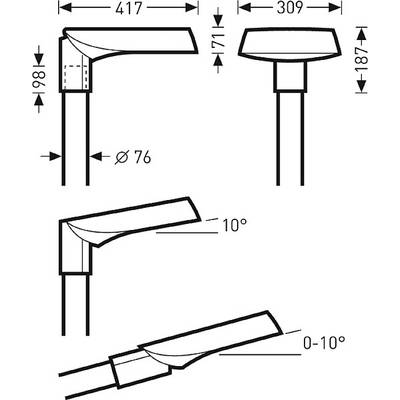 Diagram of a wall-mounted tap with detailed dimensions: Height 417 mm, Depth 309 mm, Water outlet width 76 mm. Tilt angle 0-10°.