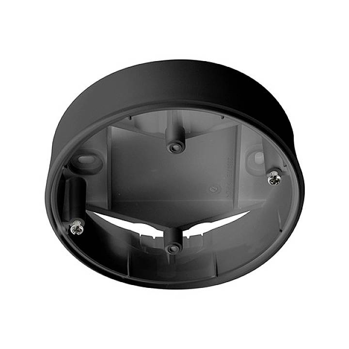 Black, round enclosure with openings and mounting elements, possibly for installing electronic devices.