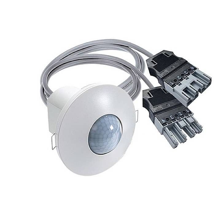 Ceiling-mounted motion sensor with cables and connections, suitable for automatic lighting control in interior spaces.