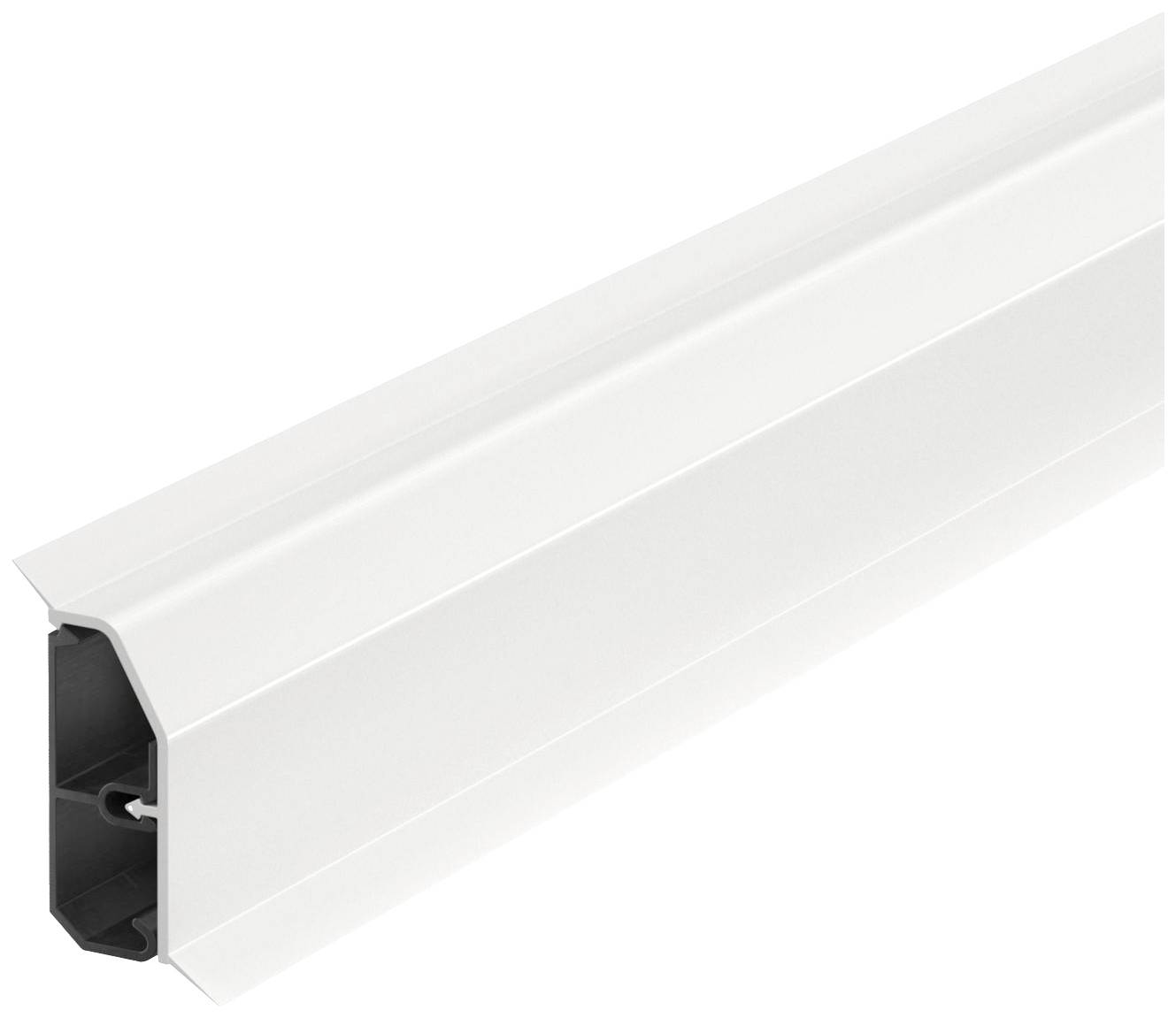 A white, rectangular plastic profile with an internal aluminium reinforcement, shown in an angled perspective.