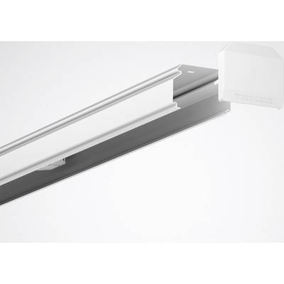 A white rail with a rectangular cross-section and a plastic end piece is positioned in front of a white background.