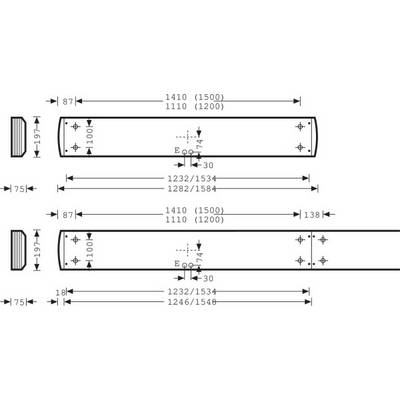 'Sketch of rectangular metal beams with specific dimensions: length, width, height and hole positions.'