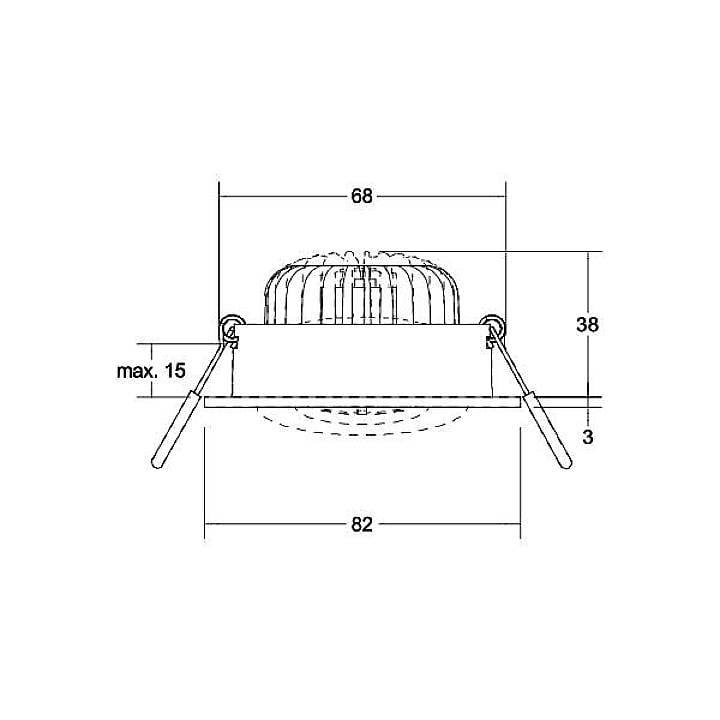 Technical drawing of a round ceiling spotlight, dimensions specified: Diameter 68 mm, projection 38 mm, overall diameter 82 mm.