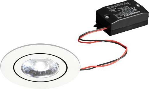 Round LED recessed light with cable connection to a black transformer. Suitable for ceiling mounting and energy-efficient lighting.