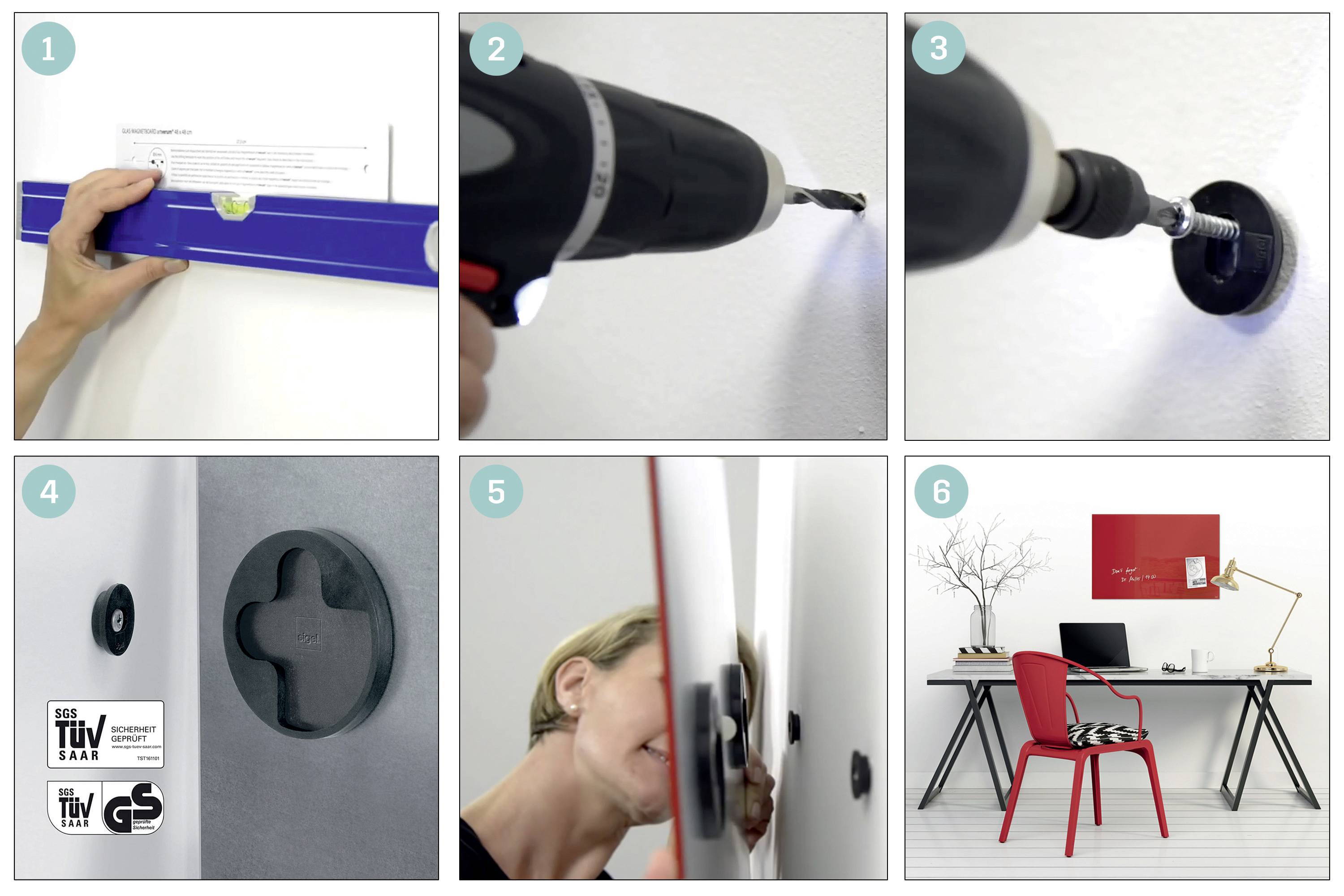 'A six-step guide to mounting a wall bracket: Place spirit level, drill holes, insert wall plugs, attach bracket, hang object, finished result in modern space.'