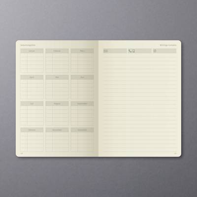 Two-sided planner: On the left, a birthday list with months from January to December, on the right, space for important contacts with icons for email, telephone, and address.