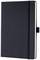 A closed notebook with a black cover and elastic closure band, standing upright.