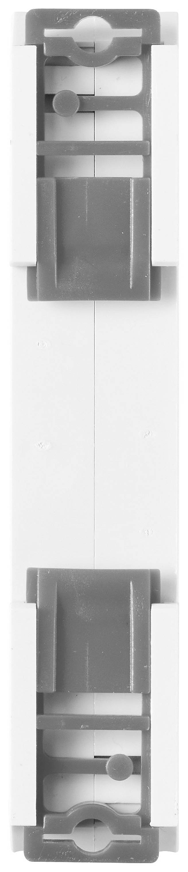 Grey and white rectangular plastic component, potentially part of a modular connector system, with symmetrical notches and mounting points.
