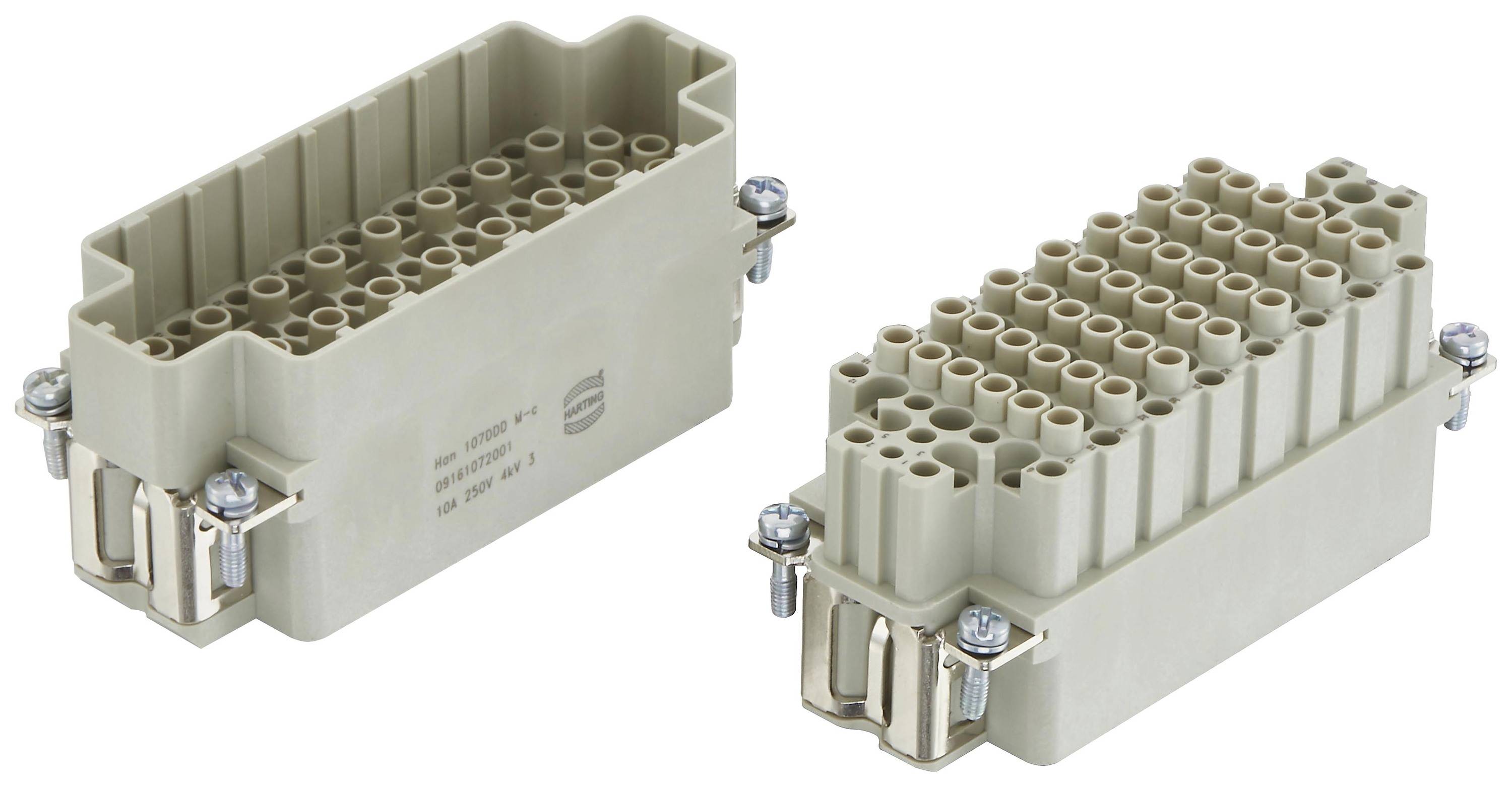 Two beige rectangular connector housings with multiple terminals and screws on both sides.