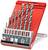 A set of eight drill bits in various sizes in a red packaging. The packaging displays symbols for use on concrete, stone, and metal.