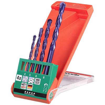 Four woodworking drill bits in various sizes in a red storage box with a green holder; suitable for precise drilling in wood.