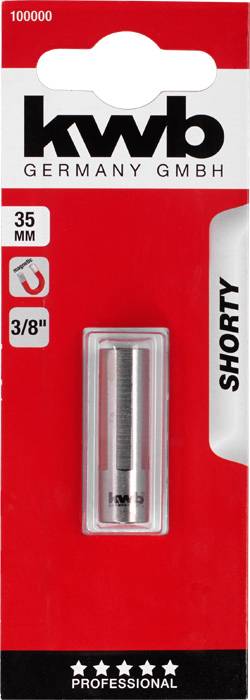 Packaging of a magnetic 3/8-inch adapter, 35 mm in length, brand 'kwb Germany GmbH', on a red background.