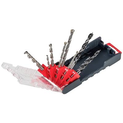A set of seven metal drill bits in various sizes, neatly arranged in a red and black plastic case.