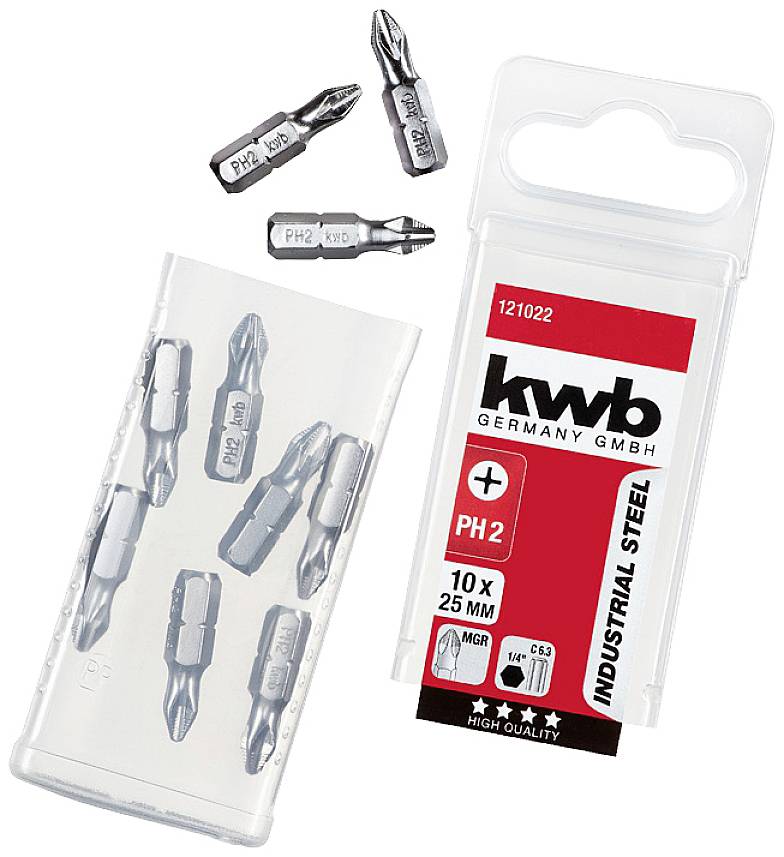 Tool set with multiple screwdriver bits and packaging from 'kwb GERMANY GMBH', size PH 2, 10 pieces, 25 mm.