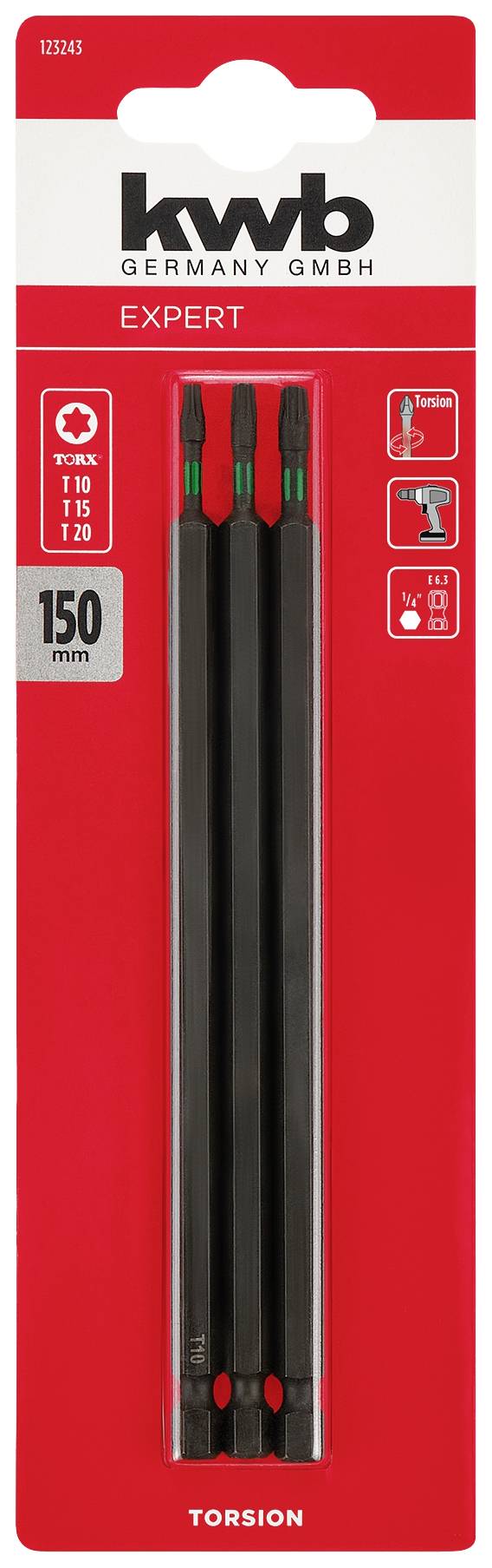 kwb 123243 TX bit Downforce: 1/4" (6.3 mm) TX 10, TX 15, TX 20 150 mm-1