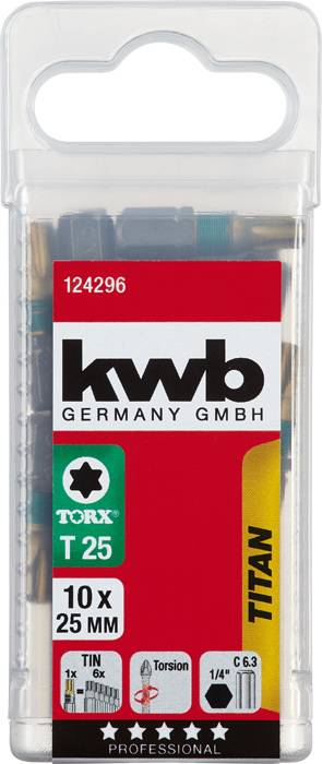 Packaging for Titan Torx T25 Bits, 10 pieces, 25 mm, by kwb Germany GmbH. Contains icons: Torsion, 1/4'', C 6.3.