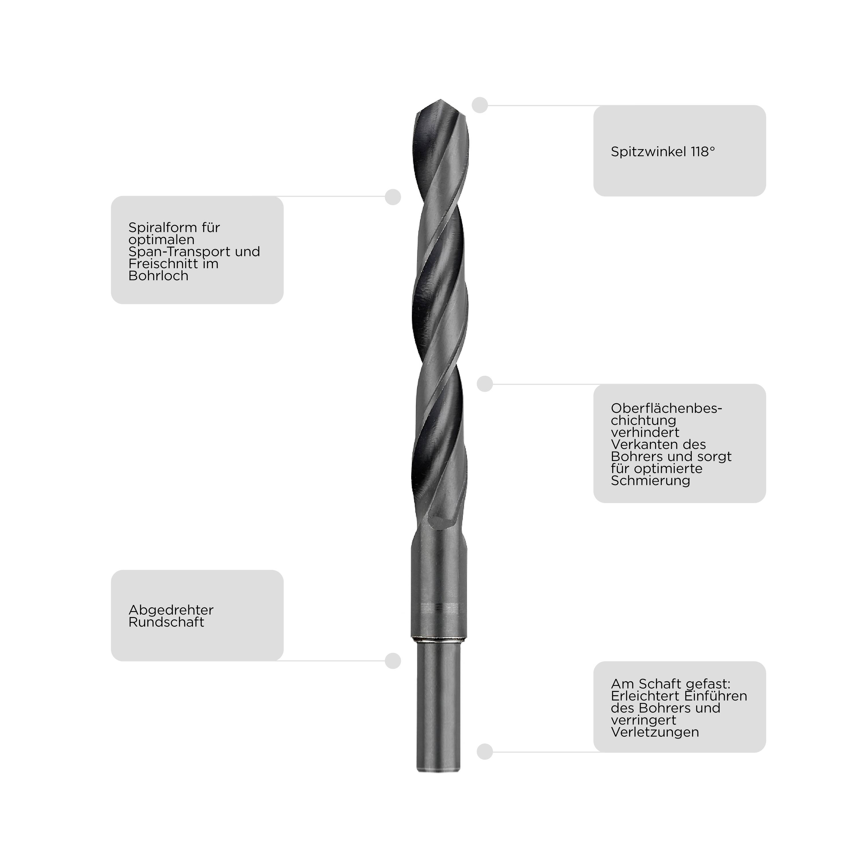 A spiral drill bit for chip removal, with a point at a 118° angle. Coated surface for reduced friction, with a round shank.