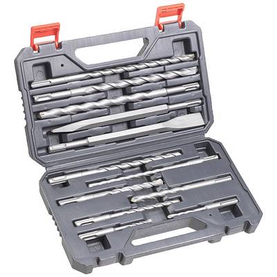 Drill bit set in an open plastic case. Various metal drill bits of different sizes are neatly arranged.