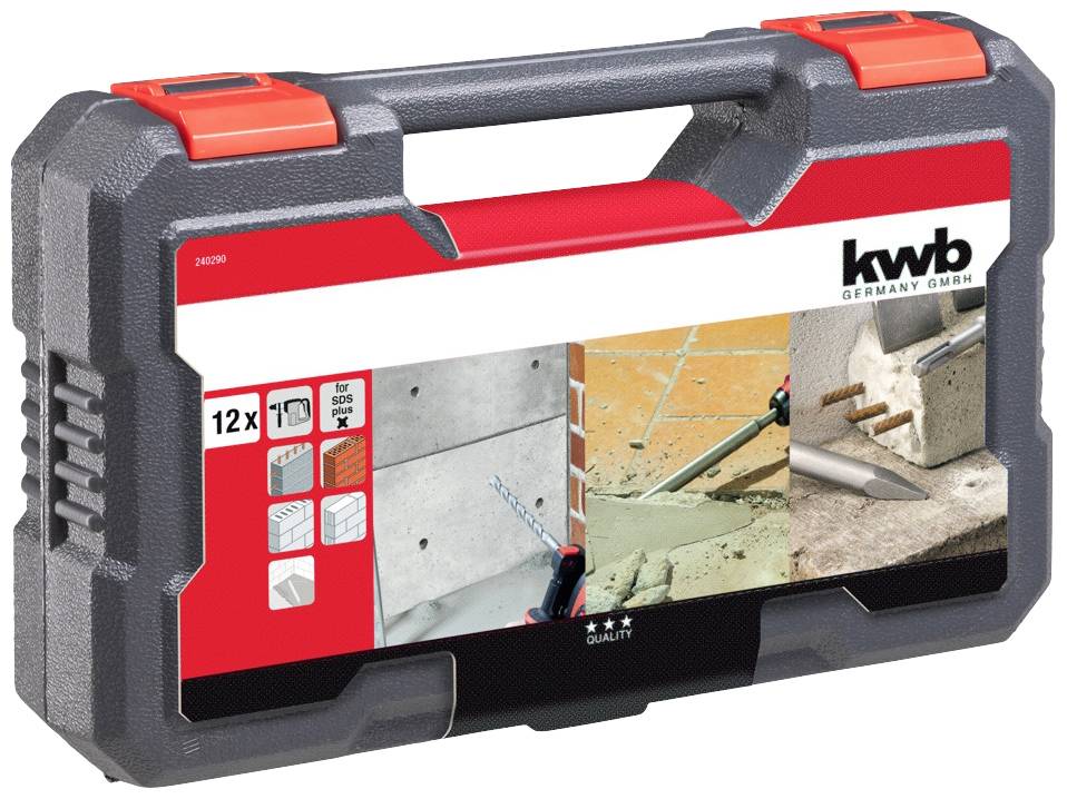 'Hammer drill set in a robust case. Contains 12 pieces for concrete and masonry drilling. Brand name visible in the top right.'