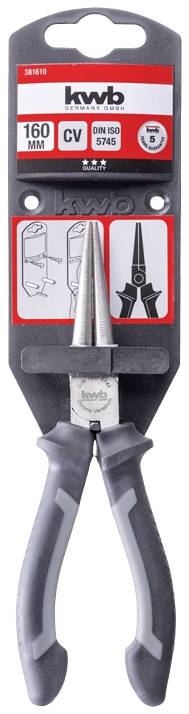 'Kwb' pliers marked with a length of 160 mm, with grey handles and packaging showing functions and dimensions, are illustrated.