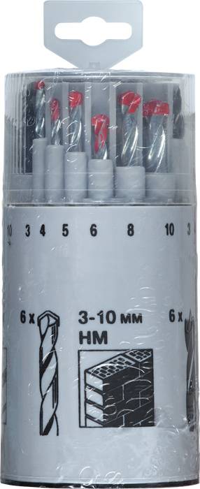 'A set of drill bits, 10 pieces, various sizes (3-10 mm), suitable for drilling into bricks and concrete. Packed in a cylindrical container.'