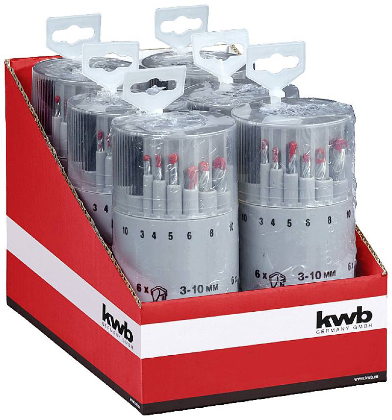 'kwb' Drill Prince Drill Set in Cylindrical Container, six sets per carton, Size Range 3-10 mm, presented in a red box.