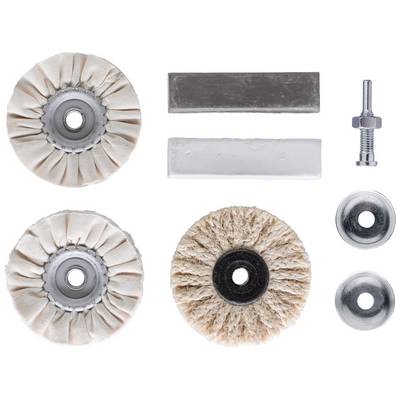 'Polishing set with two fabric polishing pads, one sisal polishing pad, two polishing compounds, a screw and two washers.'