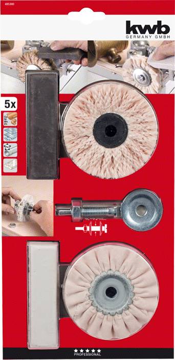 Polishing set with two polishing discs and mounting screw, suitable for various surface treatments. Packaging shows application instructions.