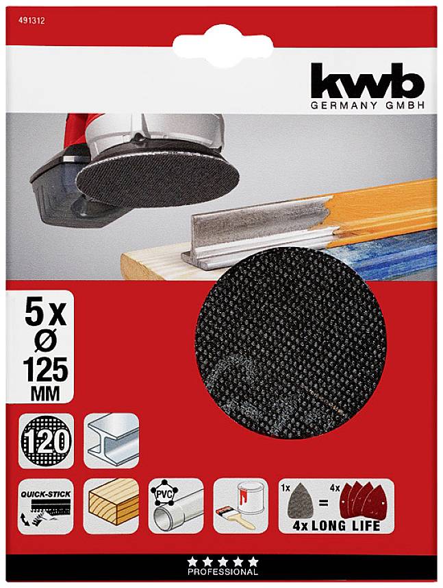 Packaging of sanding discs, 125 mm diameter, 120 grit, for wood and metal work. Contains five pieces, long-lasting.