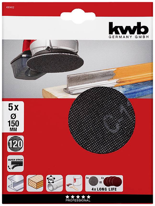 Cutting disc pack by 'KWB Germany GmbH', suitable for wood and metal, pack of 5, 150 mm diameter, 120 grit.