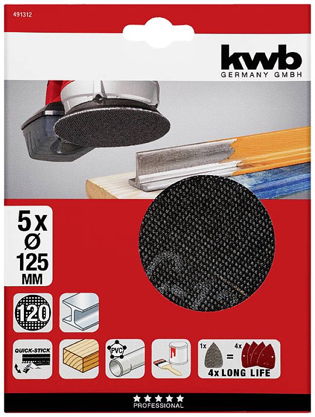 A pack of sanding discs (5 pieces, diameter 125 mm, grit 120) by the brand kwb. Suitable for wood; long-lasting.