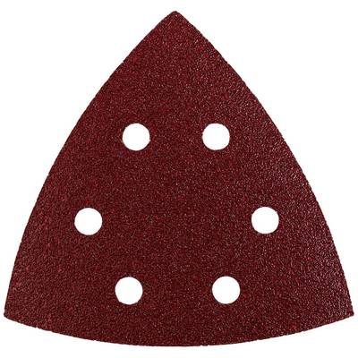 Red, triangular sandpaper with six holes, suitable for a multi-sander.