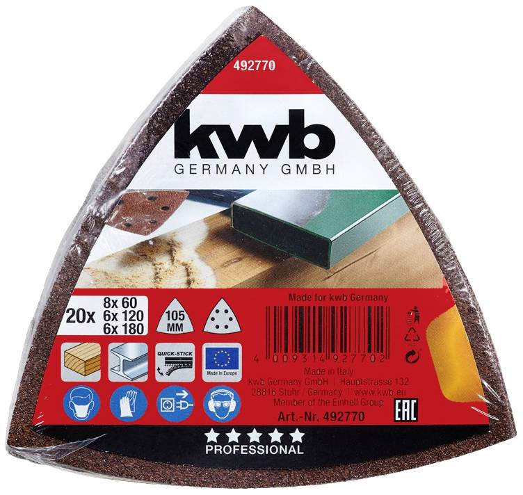 Triangular sanding sponge by 'kwb GERMANY GmbH' in a red packet, contains various grits 60, 120, 180, suitable for diverse sanding work.