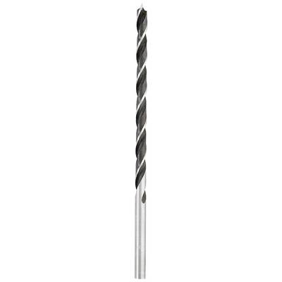 Close-up of a metal drill bit with spiral grooves, used for drilling into hard materials such as metal or concrete.