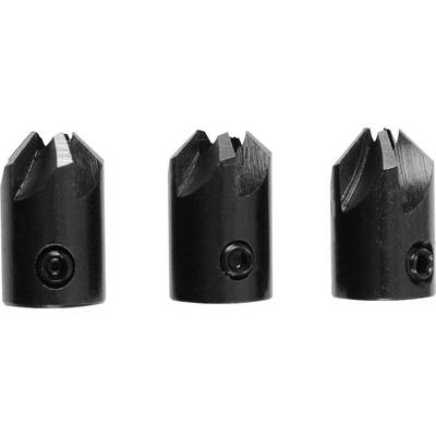 Three black metal drill bits with sharp points stand side by side against a white background.