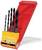 A set of five black drill bits of varying sizes in a red and yellow packaging, suitable for different materials.