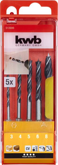 Five drill bits in a plastic packaging, marked with 'kwb Germany GmbH', suitable for wood and metal. Sizes: 3, 4, 5, 6, 8 mm.