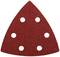 A red, triangular sanding paper with six holes for a sanding machine.