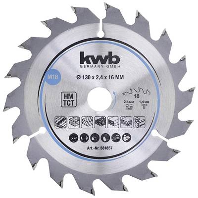 Circular saw blade with 18 teeth, diameter 130 mm, cutting width 2.4 mm. Suitable for wood, plastic and aluminium. Brand: KWB.