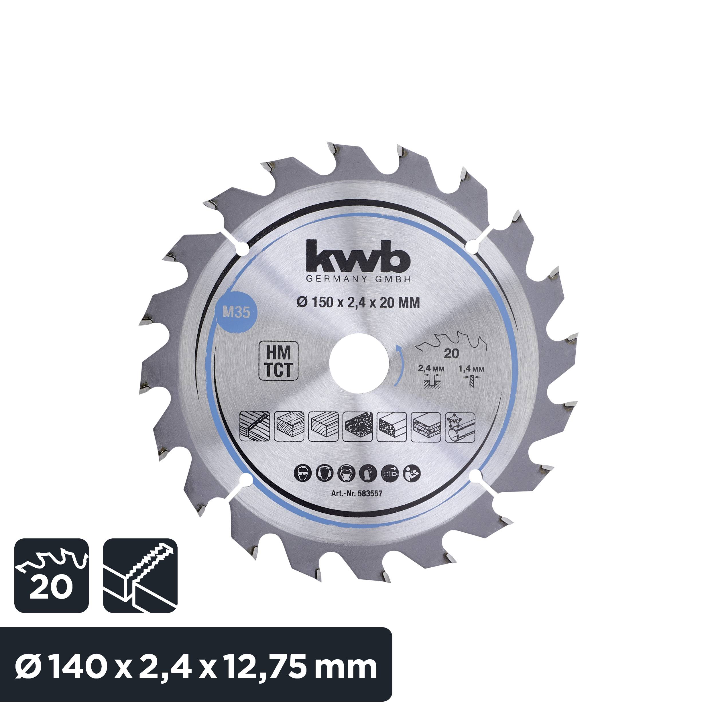 A circular saw blade with the inscription 'kwb Germany GmbH'. Specifications: Diameter 150 mm, width 2.4 mm, bore 12.75 mm, number of teeth 20.