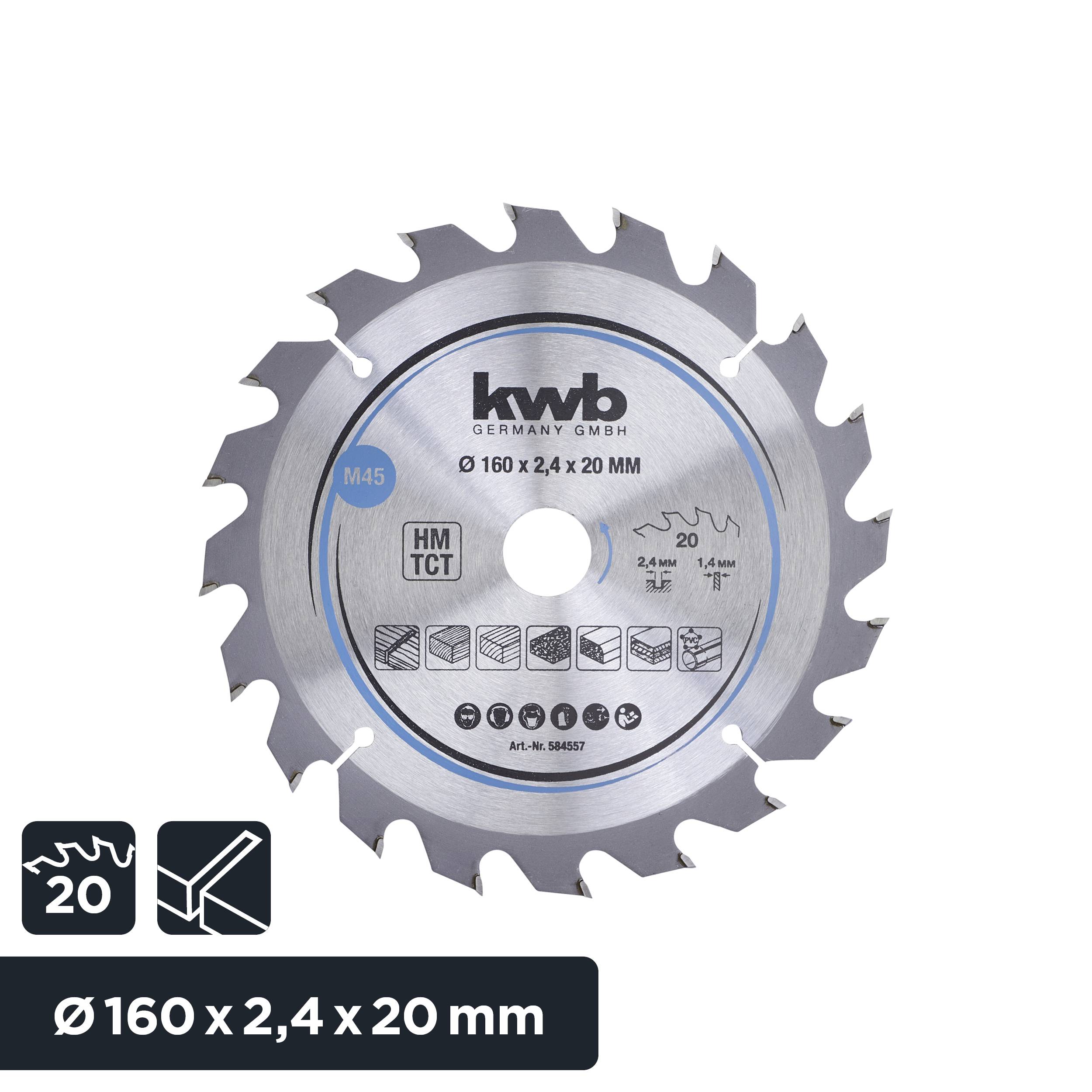 Circular Saw Blade by kwb Germany GmbH, Ø 160 x 2.4 x 20 mm, suitable for wood, with 20 teeth and specially ground HM TCT blade.