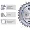 'HM circular saw blade with expansion slots for vibration reduction, alternating tungsten carbide teeth and precision-drilled bore for secure machine fitting.'