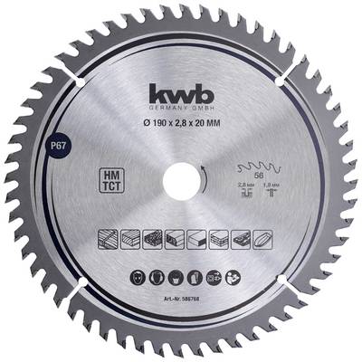 Circular saw blade by kwb Germany, 190 mm diameter, for cutting wood and metal, with application pictograms.