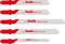 'Five different metal saw blades: fine, coarse, extra fine, extra fine reverse, curve. Red and white blades, depending on the cutting type.'