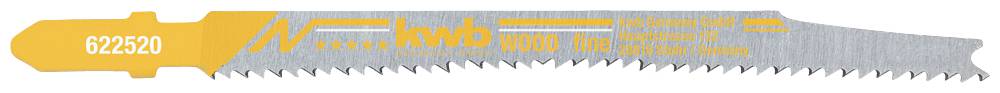 Jigsaw blade with serrated edge and orange label. Inscription: 'C22230' and brand name. Suitable for woodworking.