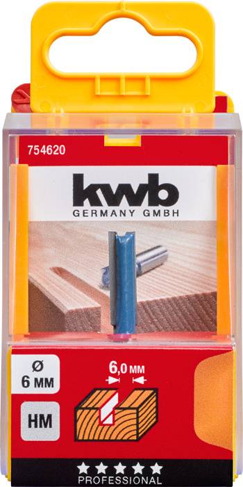 Packaging for a kwb milling cutter, suitable for woodworking. Diameter: 6 mm. Contains woodworking symbol.